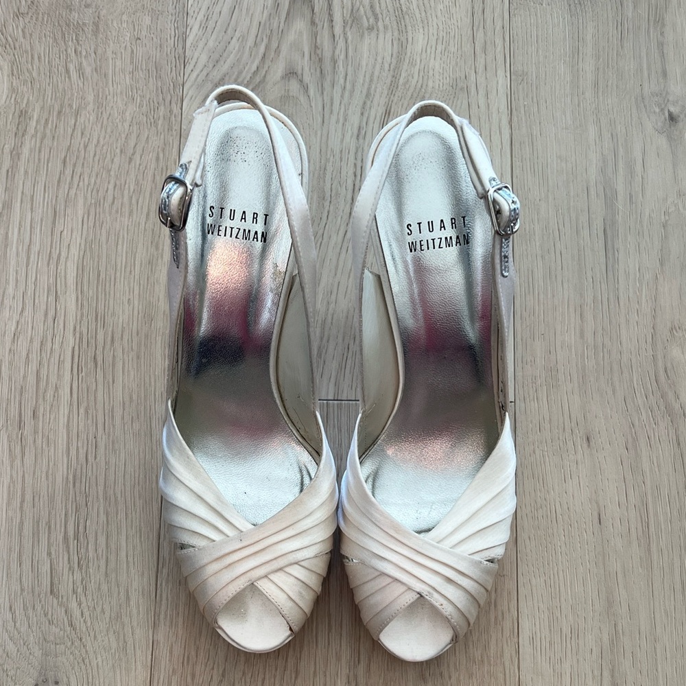 Stuart Weitzman Glowicky White Satin Heels